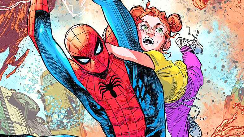 Peter swings May-Day away from Sandman on Ultimate Spider-Man Vol. 3 #15 (2025), Marvel Comics cover