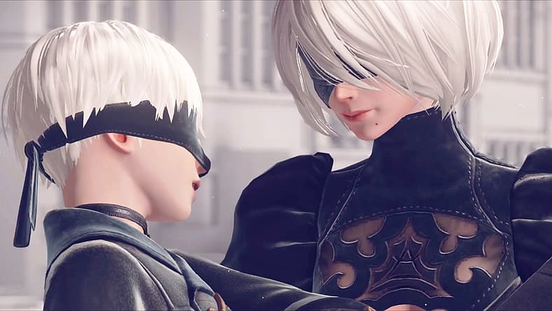 2B carries 9S off the battlefield in NieR: Automata (2017), PlatinumGames