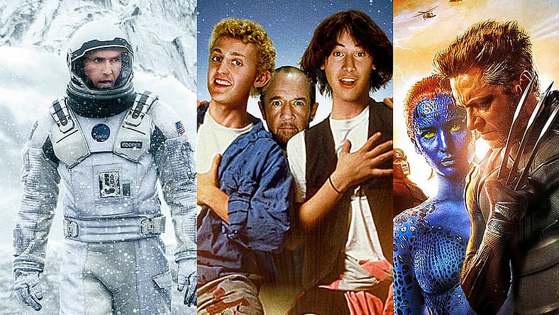 Split image of Interstellar, Bill & Ted's Excellent Adventure, and X-Men: Days of Future Past
