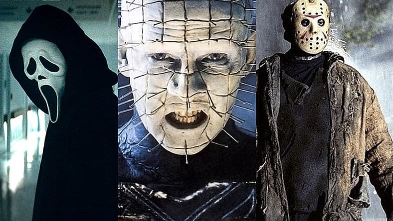 Split image of the Ghostface killer, Pinhead and Jason Vorhees
