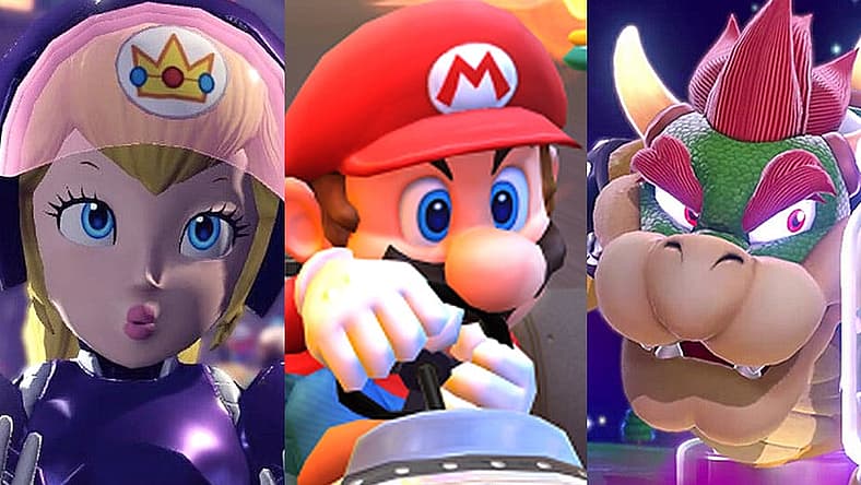 Split image of Peach, Mario and Bowser from the Nintendo games