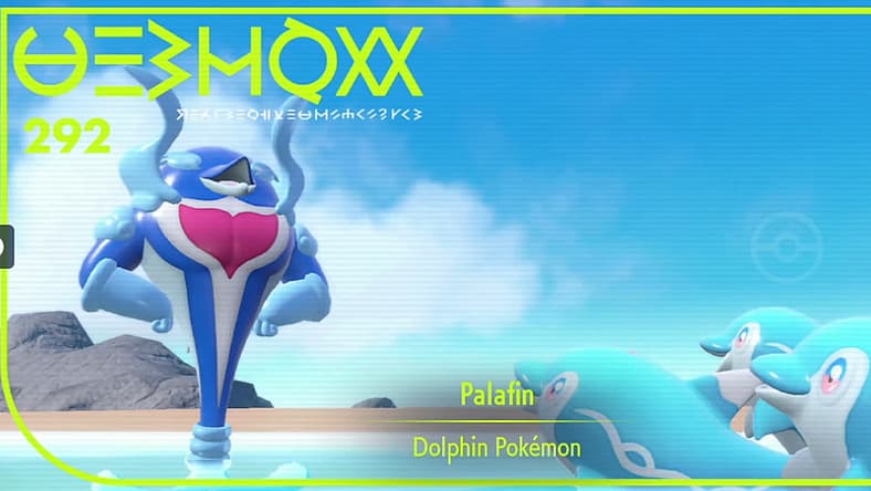 Pokedex photo of Palafin idolized by group of Finizen, Pokémon Scarlet & Violet (2022), Nintendo
