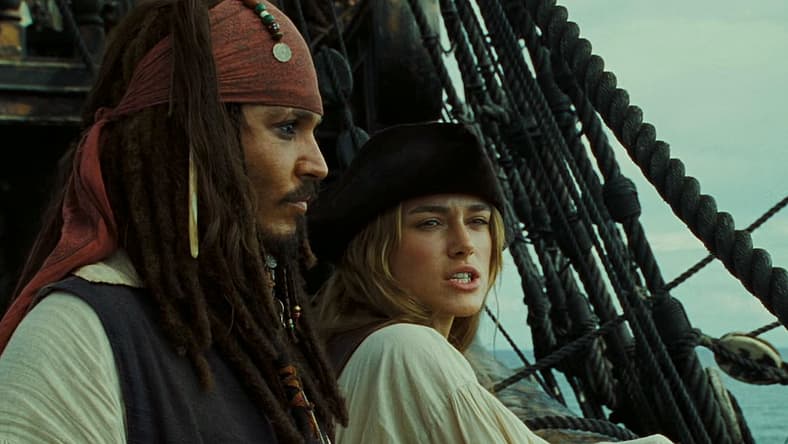 Elizabeth Swann and Captain Jack Sparrow outwit each other in Pirates of the Caribbean: Dead Man's