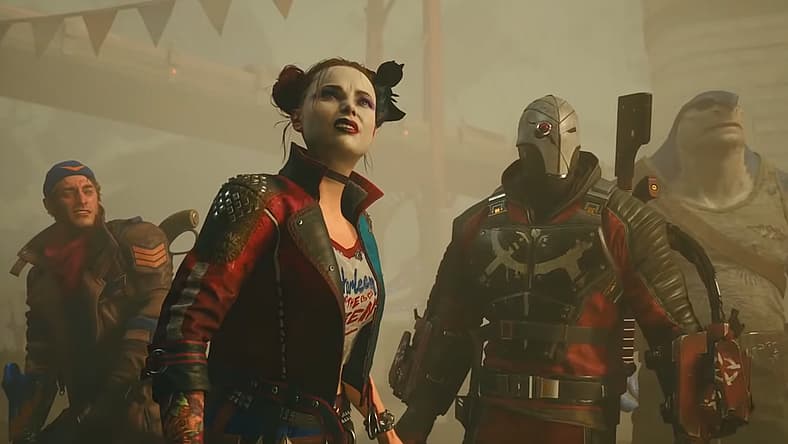 Captain Boomerang, Harley Quinn, Deadshot, King Shark stare confused through dust in Suicide Squad