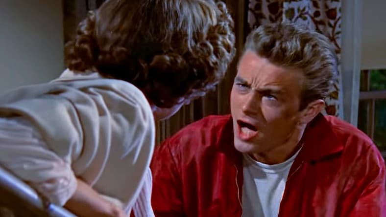Jim Stark (James Dean) explaining responsibility to mother Carol (Ann Doran) in Rebel Without a