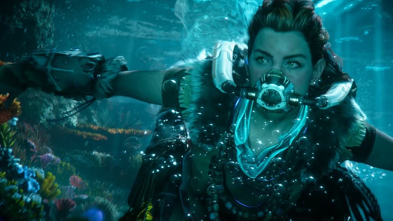Aloy swims underwater wearing a rebreather in Horizon Forbidden West (2022), Sony Interactive