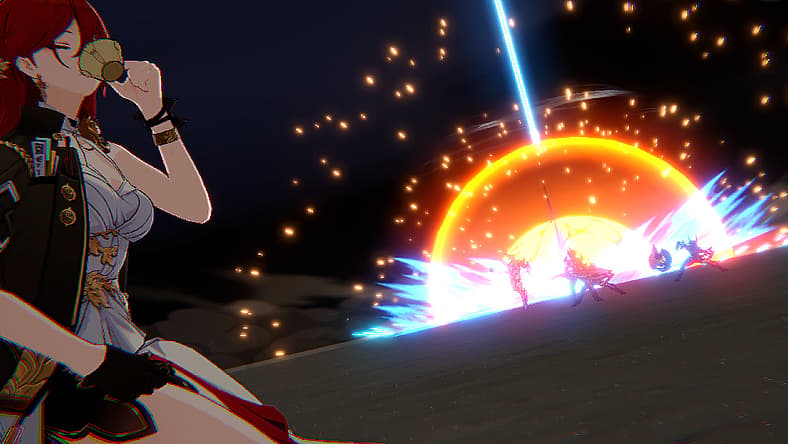 Himeko sips tea while enemies are blasted by space-laser in Honkai: Star Rail (2023), HoYoverse