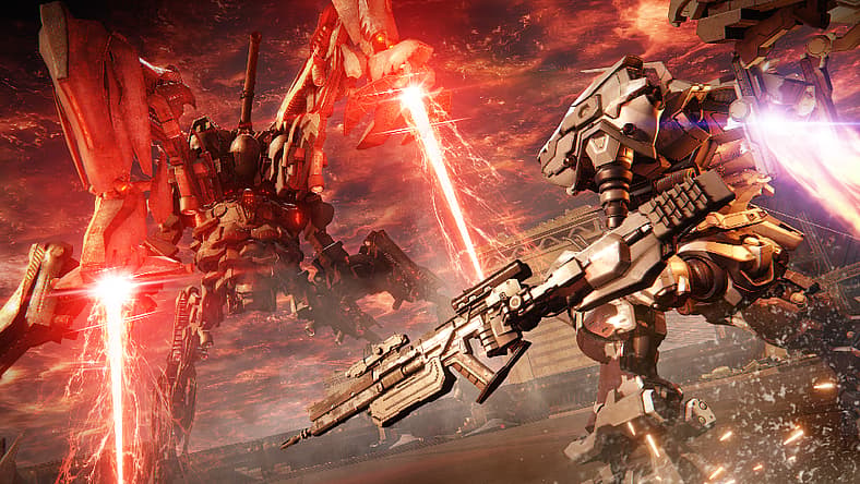 Armored Core faces giant machine with dual lasers in Armored Core VI: Fires of Rubicon (2023)