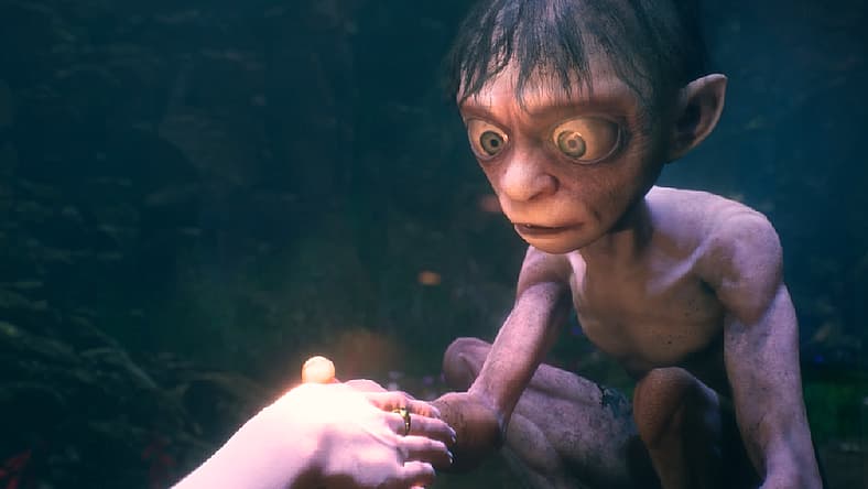 Gollum is transfixed on a ring on an Elven woman's hand in The Lord of the Rings: Gollum (2023)