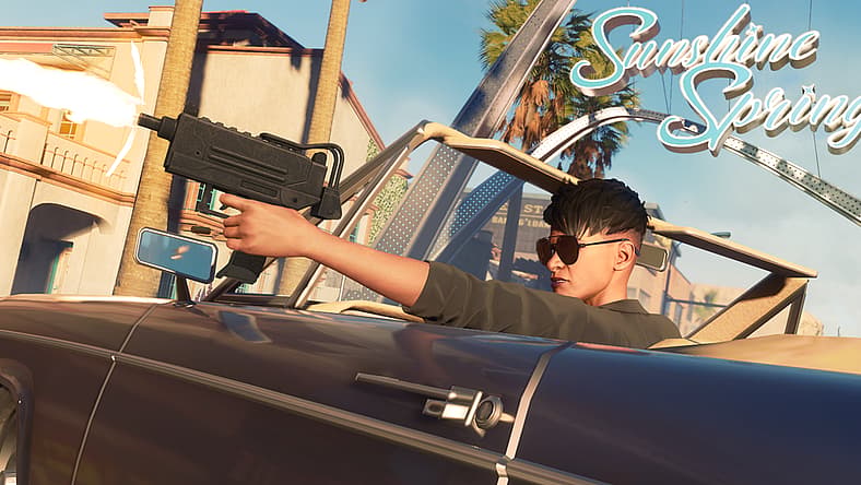The Boss shoots an uzi while driving past Sunshine Springs archway in Saints Row (2022), Deep Silver
