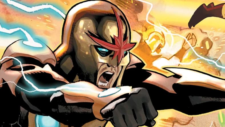 Nova rockets forth on Daniel Acuna's cover to Nova Vol. 4 #27 "Shock and Awe" (2009), Marvel Comics