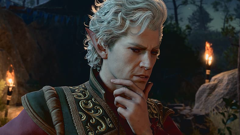 Astarion (Neil Newbon) plans the group's next move in Baldur's Gate 3 (2023), Larian Studios