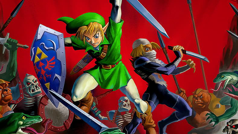 Link and Sheik battle Ganondorf's forces in Yusuke Nakano's art for The Legend of Zelda: Ocarina of