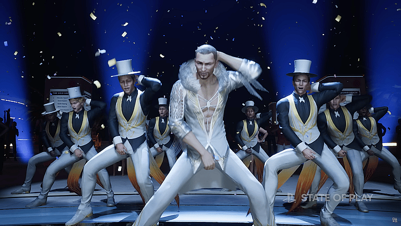 Andrea Rhodea (Trevor Devall) provocatively dances with his backers in Final Fantasy VII Rebirth