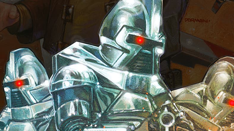 Cylons scan for humans on Dave Dorman variant cover to Classic Battlestar Galactica Vol. 1 #1