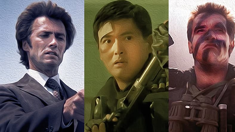 Split image of Dirty Harry, Hard Boiled and Commando