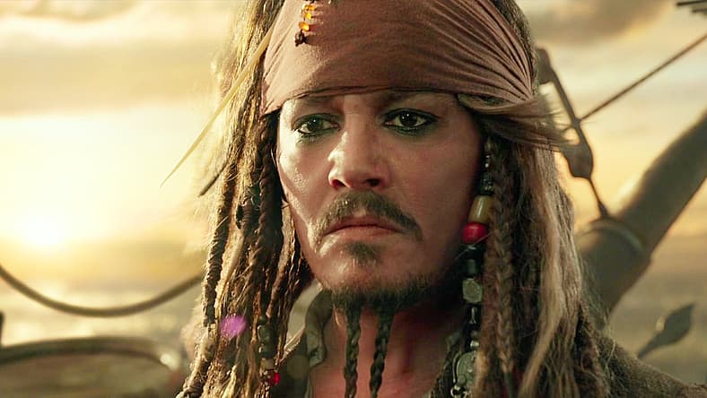 Captain Jack (Johnny Depp) with Henry, Carina, Will and Elizabeth in Pirates of the Caribbean: Dead