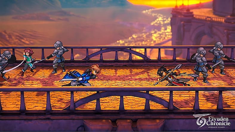 Nowa (Gakuto Kajiwara) and rival Seign (Kenji Akabane) duel in Eiyuden Chronicle: Hundred Heroes