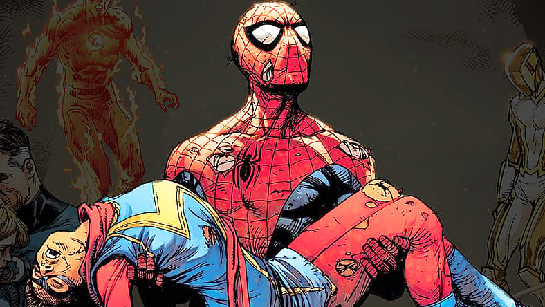 Spider-Man recovers Kamala Khan's body on Gary Frank's variant cover to Amazing Spider-Man Vol. 6