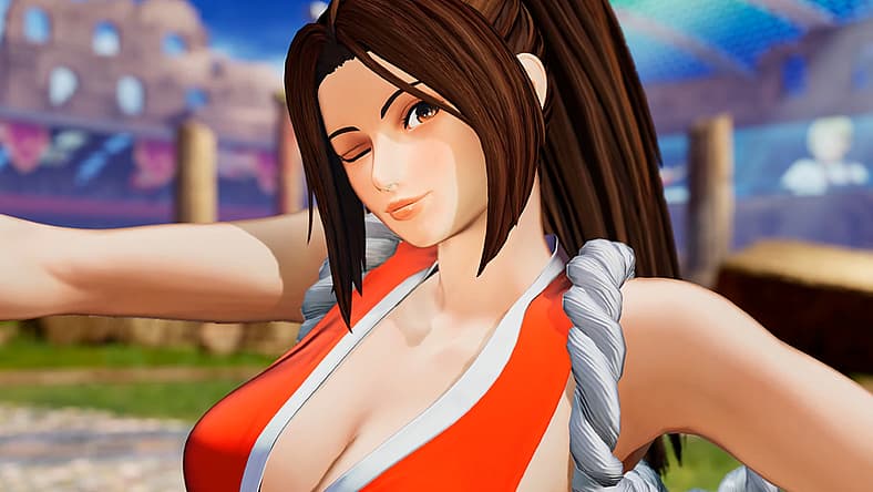 Mai Shiranui (Ami Koshimizu) gives a wink to her beaten opponent in King of Fighters XV (2022), SNK