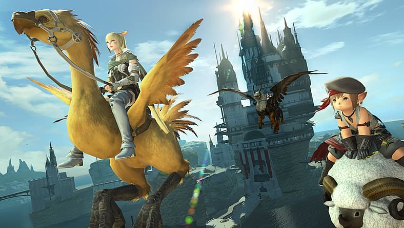 Three adventurers fly on mounts in Limsa Lominsa in Final Fantasy XIV: Shadowbringers (2019)