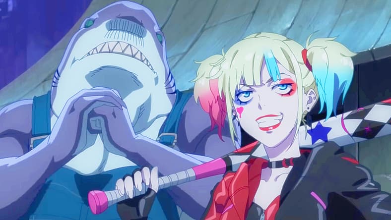 Harley Quinn (Anna Nagase) and King Shark (Subaru Kimura) ready to brawl in Suicide Squad ISEKAI