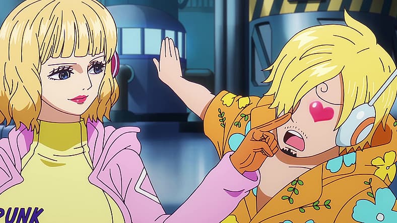 Stussy (Mami Kingetsu) enjoys Sanji's puppy-dog eyes in One Piece Episode 1107 (2024), Toei Co. Ltd.