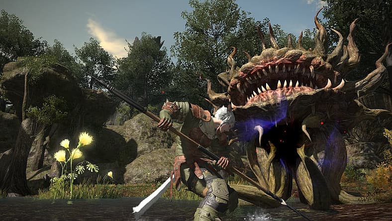 A Miqo'te Lancer fends off a Malboro in Final Fantasy XIV: A Realm Reborn (2013), Square Enix