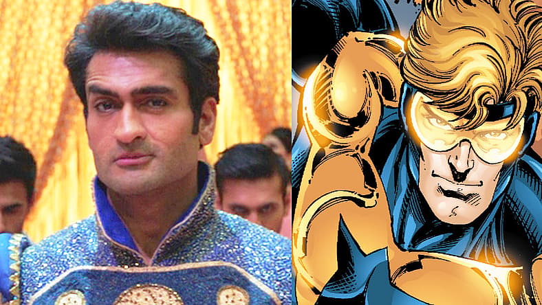 Kingo prepares to dance in Eternals (2021), Marvel; Booster Gold escapes in Booster Gold Vol. 2 #15