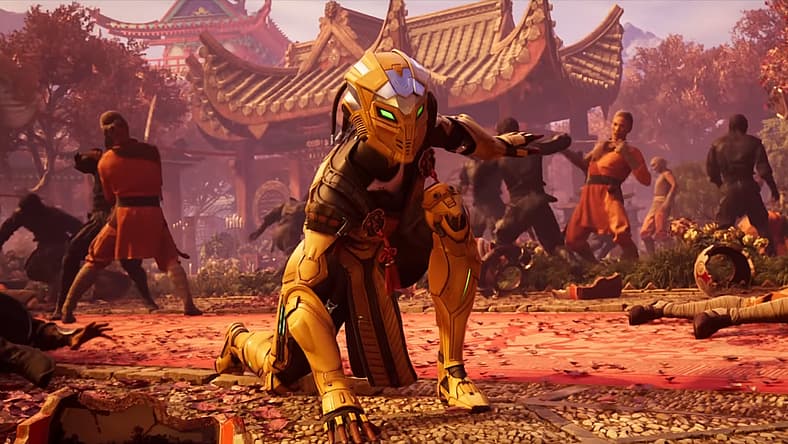 Cyrax (Enuka Okuma) performs a super-hero landing in Mortal Kombat 1 (2023), Warner Bros. Games