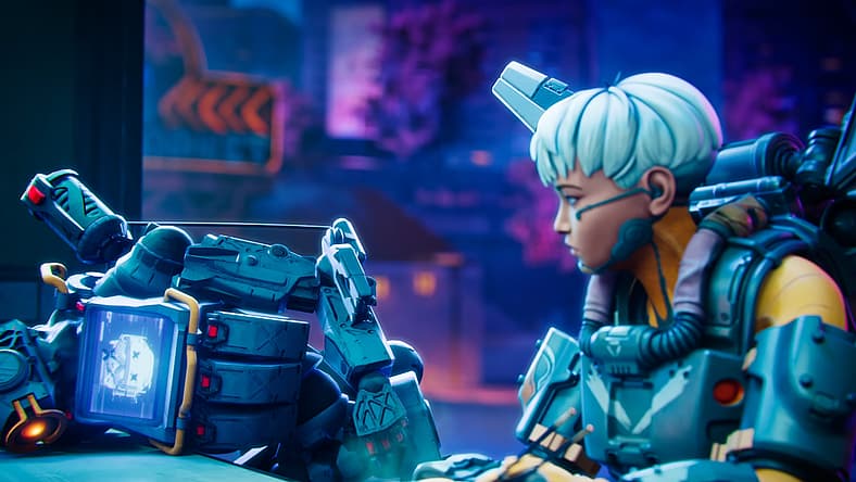 Valkyrie (Erika Ishii) notices Pathfinder (Chris Edgerly) has been shot in Apex Legends (2019)