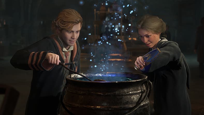 Gryffindor and Ravenclaw student brew potion in cauldron in Hogwarts Legacy (2023), Warner Bros