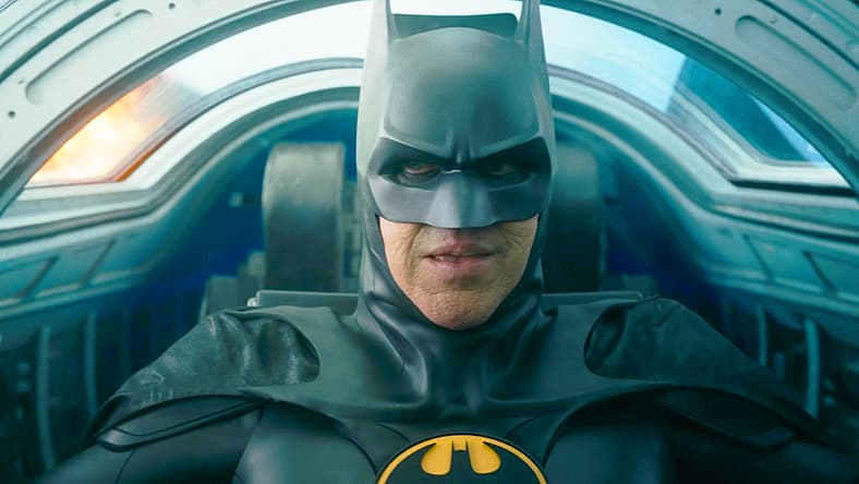 Batman (Michael Keaton) prepares to eject from Batplane in The Flash (2023), Warner Bros. Pictures