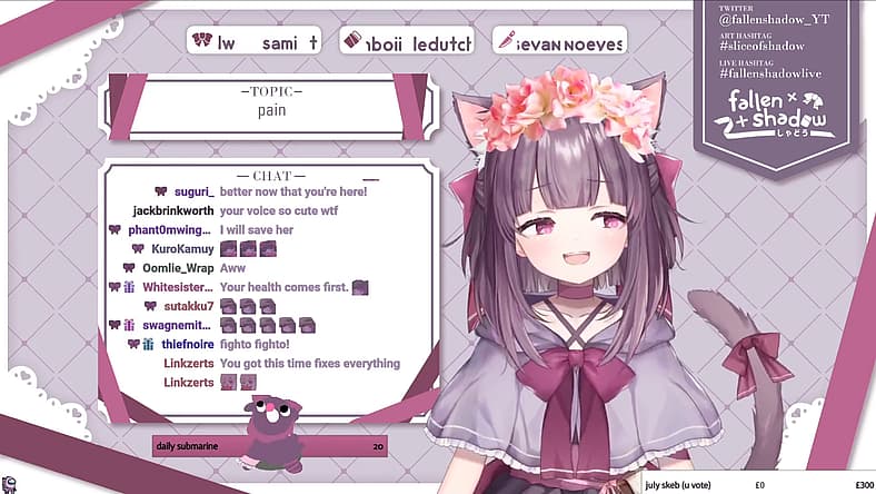FallenShadow with a crown of flowers in her hair on Twitch