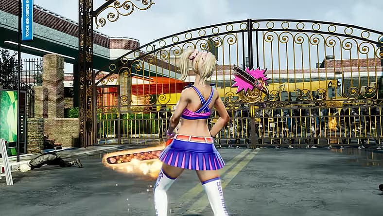 Juliet fires up her chainsaw at the school gates in Lollipop Chainsaw RePop (2024), Dragami Games