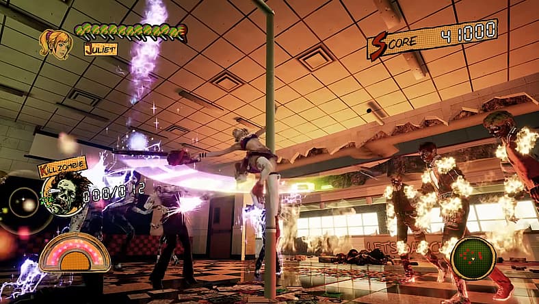 Juliet (Tara Strong) takes on zombies in style on a pole in Lollipop Chainsaw RePop (2024), Dragami