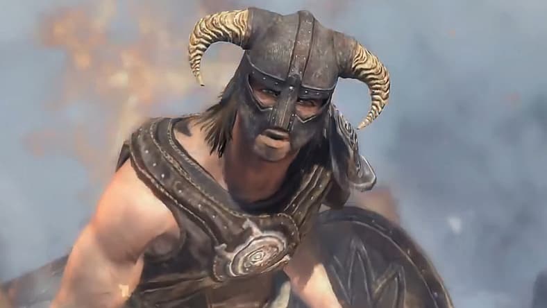 Dragonborn stands defiant against Dragon in The Elder Scrolls V: Skyrim (2011), Bethesda Softworks