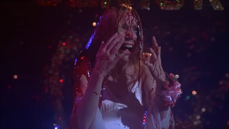 Sissy Spacek as Carrie drenched in pig's blood at prom in Carrie (1976), United Artists