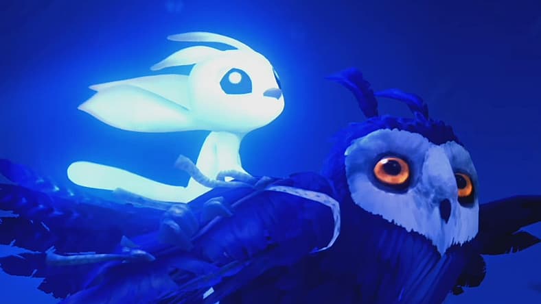 Ori and Ku cruise through the night skies in Ori and the Will of the Wisps (2020), Moon Studios