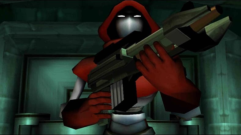 Gretel Mk II prepares to assault the robot factory in TimeSplitters 2 (2002), Eidos Interactive