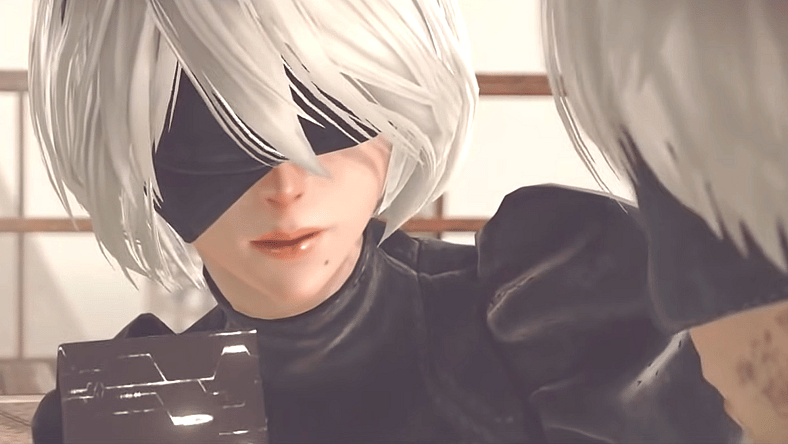 2B and 9S prepare to sacrifice themselves and overload a Black Box in Nier: Automata (2017)