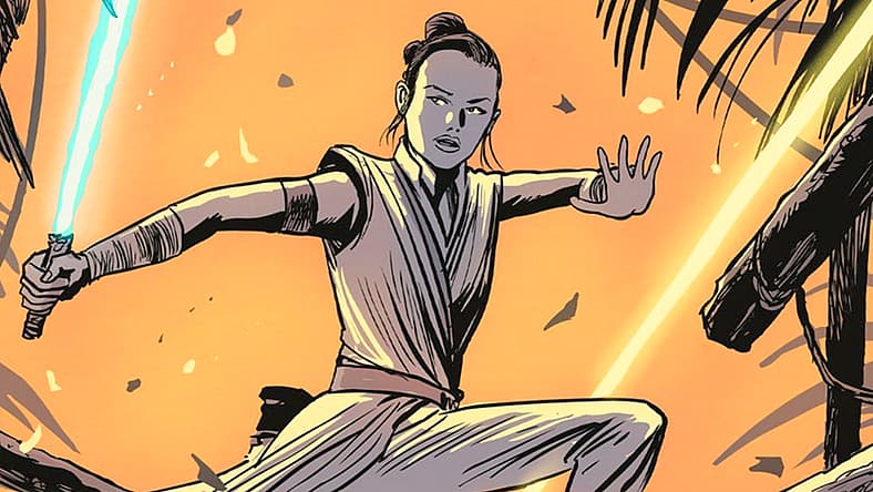 Rey dodges laser fire on Francesco Francavilla's cover to Star Wars Adventures Vol. 2 #1 (2020)