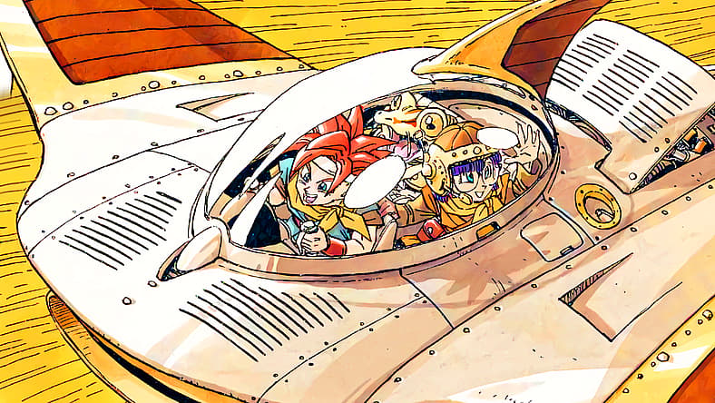 Chrono, Lucca, and Frog fly through time in Akira Toriyama key art for Chrono Trigger (1995), Square