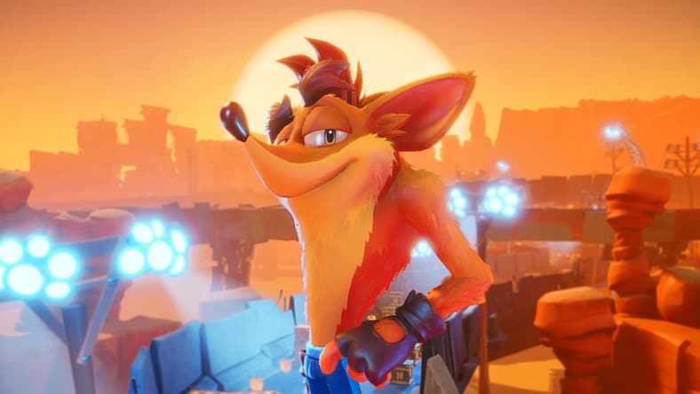 Crash (Scott Whyte) looking smug with sunset backdrop in Crash Bandicoot 4: It's About Time (2020)