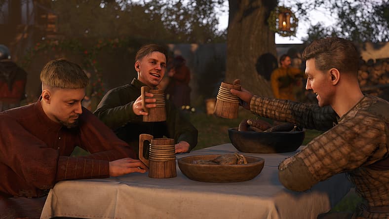 Henry (Tom McKay) and friends drink and make merry in Kingdom Come: Deliverance II (2025), Deep