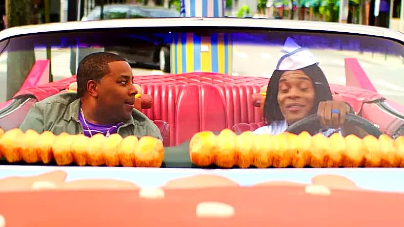 Dex (Kenan Thompson) survives being "car burgered to death" with Ed (Kel Mitchell) in Good Burger 2