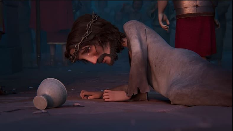 Jesus (voiced by Oscar Isaac) falls down after being hit by Roman soldiers in The King of Kings