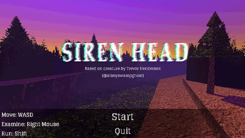 Title screen of fan-made game based on Siren Head created by Trevor Henderson