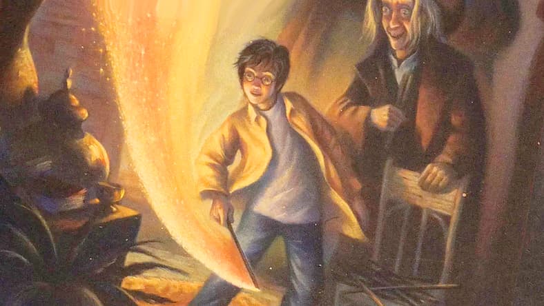 Harry Potter prepares to end Voldemort's threat on Mary GrandPré's Scholastic School Edition cover