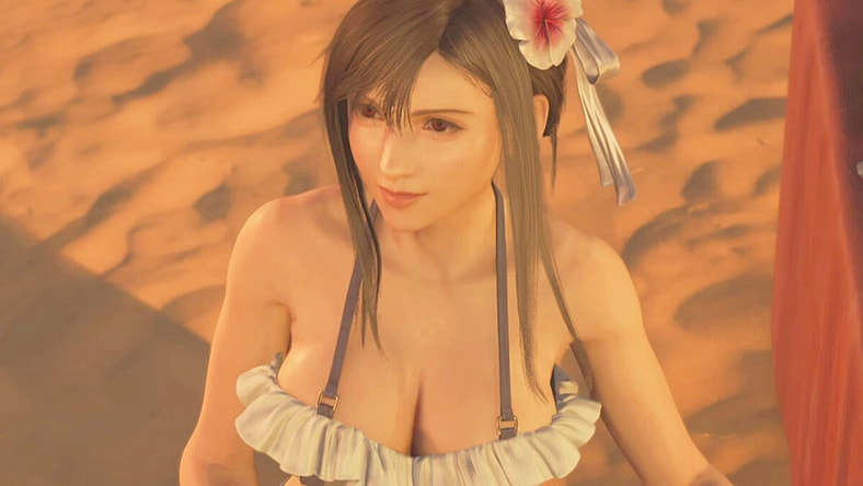 Tifa (Ayumi Ito) offers to fix a drink for Cloud (Takahiro Sakurai) in Final Fantasy VII Rebirth (2024), Square Enix